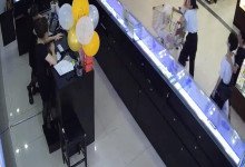 The jewelry store hostess in black nylon show us her cute feet! 2