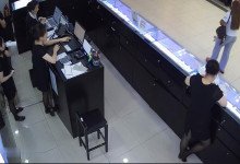 The jewelry store hostess in black nylon show us her cute feet! 15