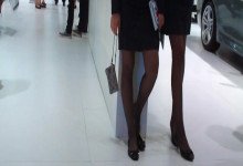 The airline stewardess in black nylon stand up dipping shoeplay 