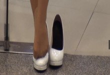 The hot hostess in white heels great dipping shoeplay solo