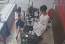 The jewelry store hostess in white dress  dipping shoeplay 3