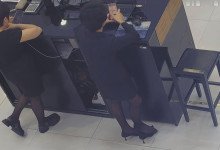 The jewelry store hostess in black nylon show us her cute feet! 120