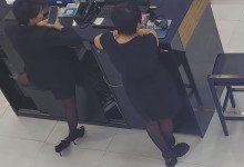 The jewelry store hostess in black nylon show us her cute feet! 121