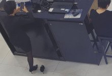 The jewelry store hostess in black nylon show us her cute feet! 123