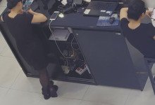 The jewelry store hostess in black nylon show us her cute feet! 130