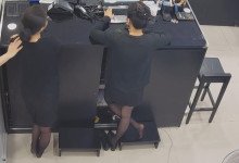 The jewelry store hostess in black nylon show us her cute feet! 137