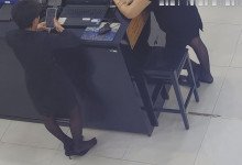 The jewelry store hostess in black nylon show us her cute feet! 138