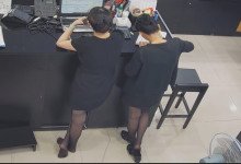 The jewelry store hostess in black nylon show us her cute feet! 150