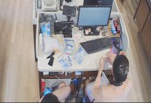 The jewelry store hostess in black nylon danging shoeplay 38