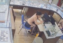 The jewelry store hostess in black nylon danging shoeplay 42