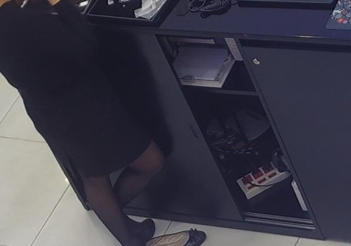 The jewelry store hostess in black nylon show us her cute feet! 290