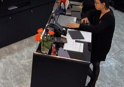 The jewelry store hostess in black nylon show us her cute feet! 295