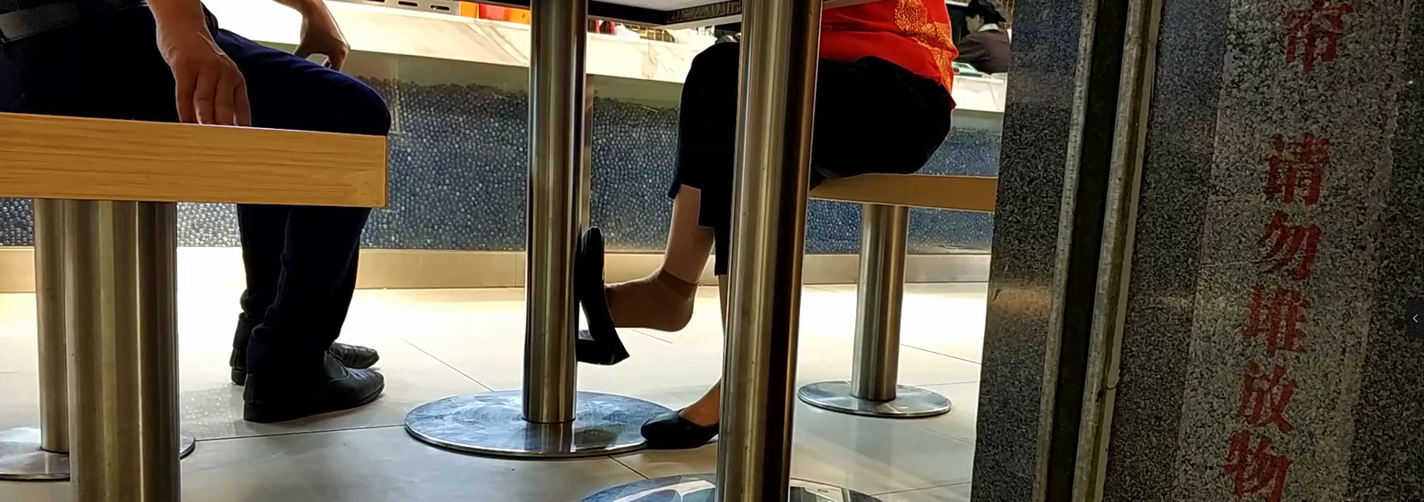 It's a great opportunity to watch lady's dangling and shoeplay when her having lunch 6