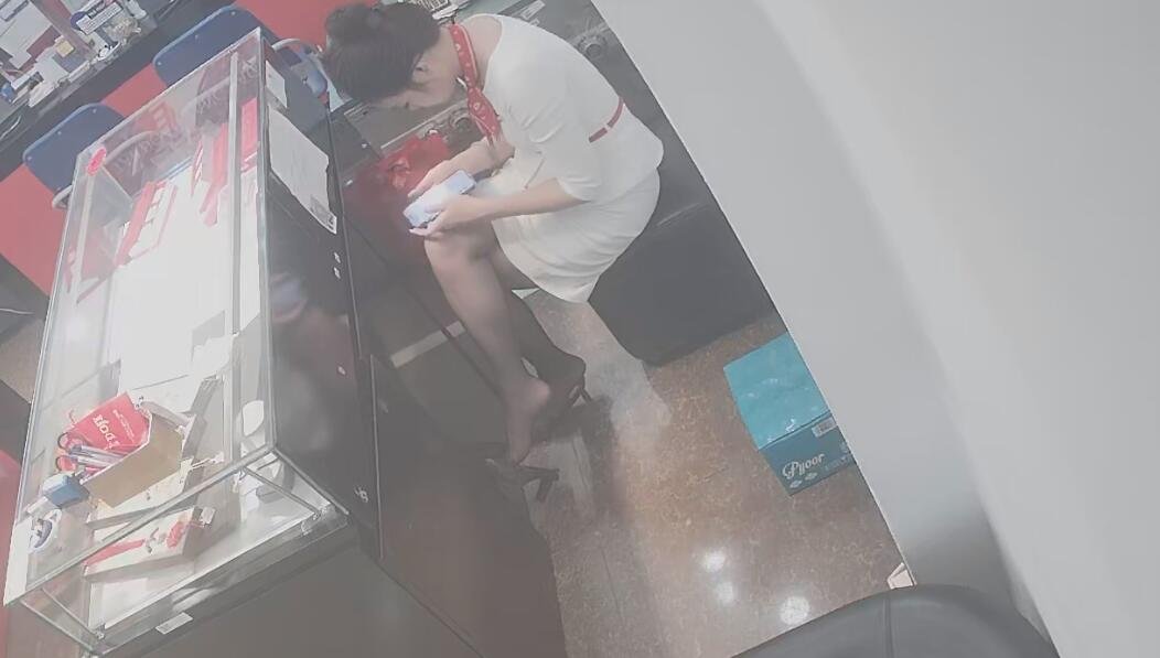 The jewelry store hostess in white dress and black nylon great dangling shoeplay 9