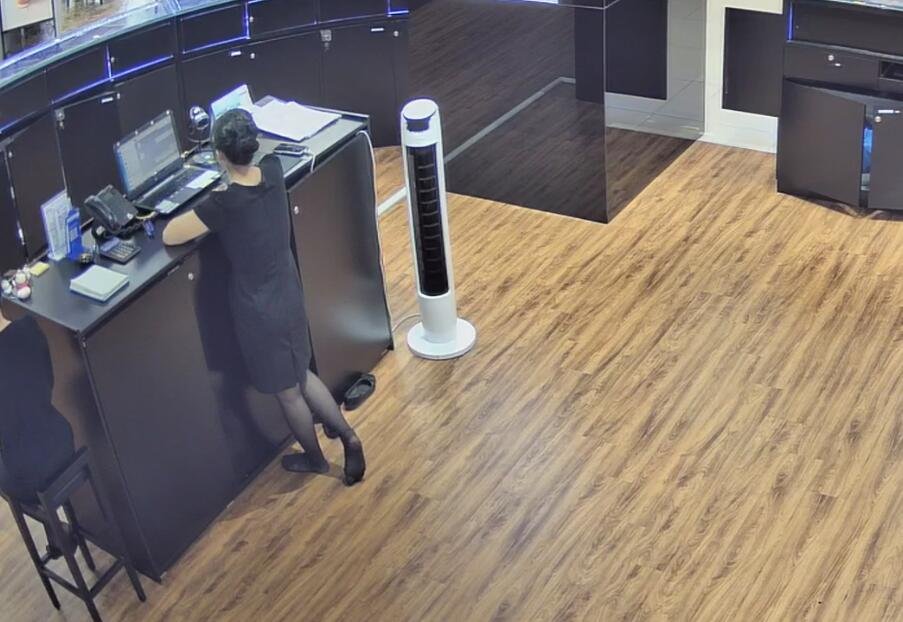 The jewelry store hostess in black nylon show us her cute feet! 118