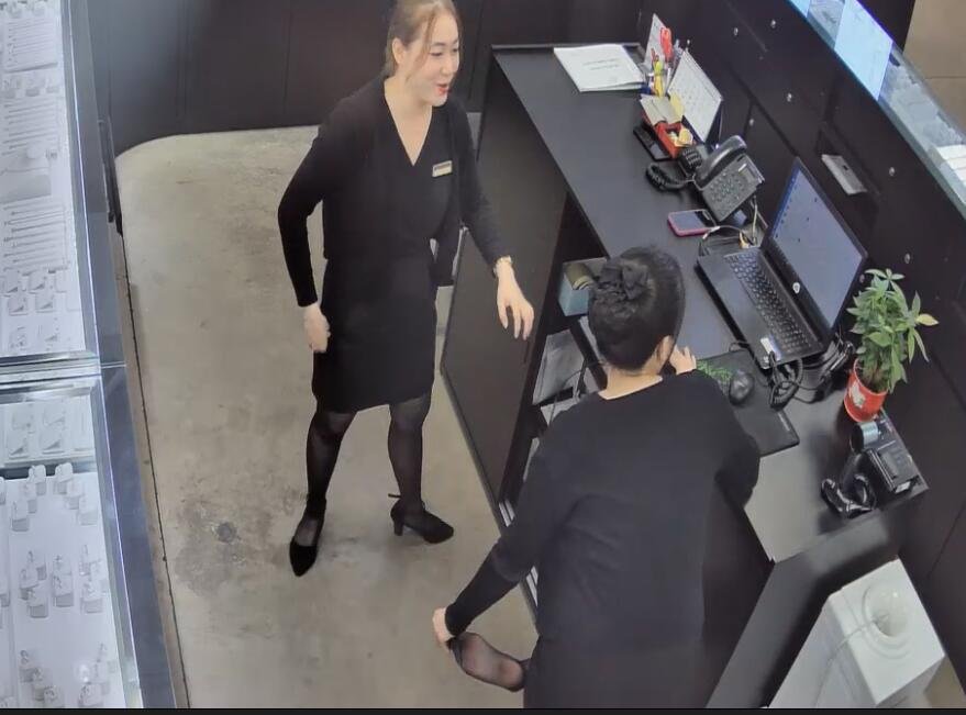 The jewelry store hostess in black nylon show us her cute feet! 161