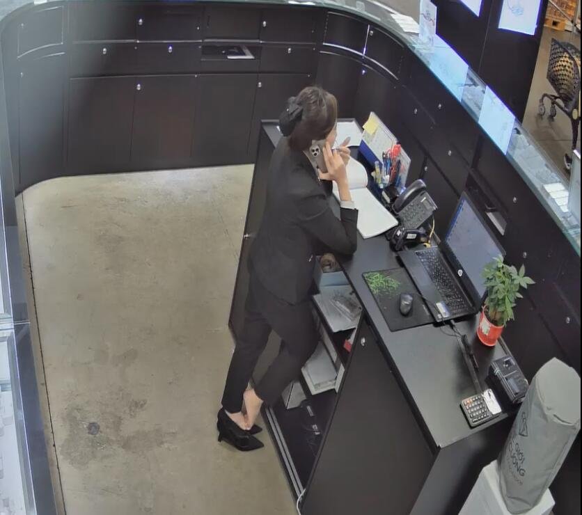 The jewelry store hostess in black nylon show us her cute feet! 173