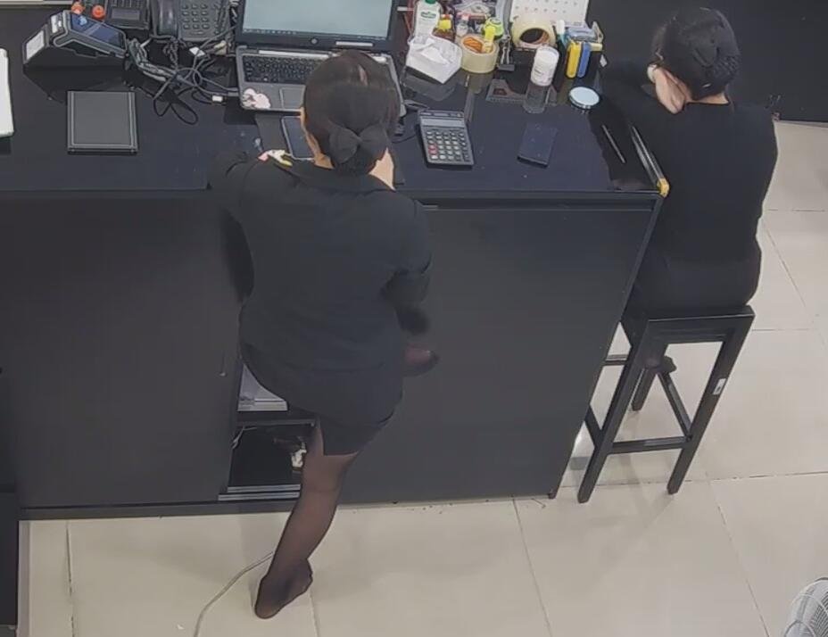 The jewelry store hostess in black nylon show us her cute feet! 181