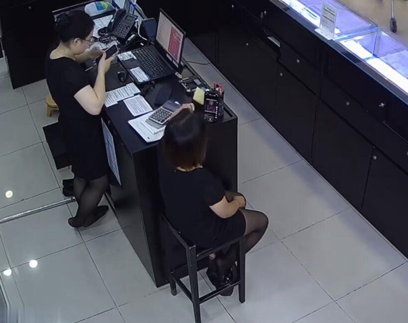 The jewelry store hostess in black nylon show us her cute feet! 189