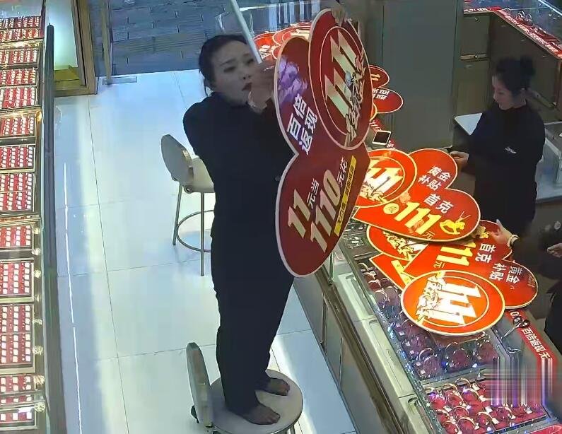 The jewelry store hostess in black nylon remove heels show us her cute feet 2