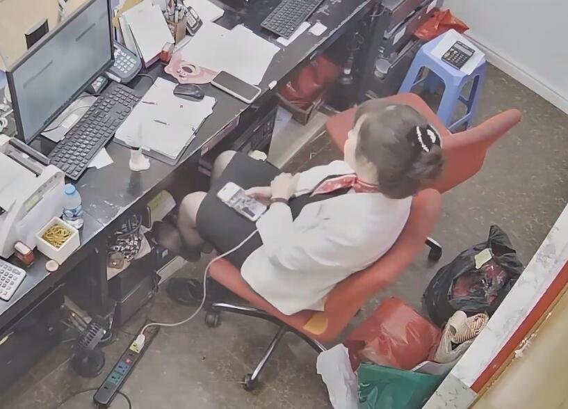 The jewelry store manager show us her cute black nylon feet