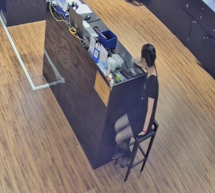 The jewelry store hostess in black nylon show us her cute feet! 210