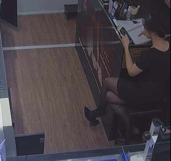 The jewelry store hostess in black nylon show us her cute feet! 214