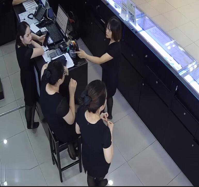 The jewelry store hostess in black nylon show us her cute feet! 215